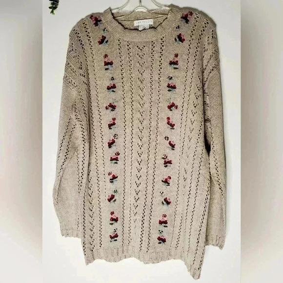 Jump Tricot Lenin Blend Beige 3D Embroidered Chunky Knit Sz L long Line Sweater - Picture 1 of 9